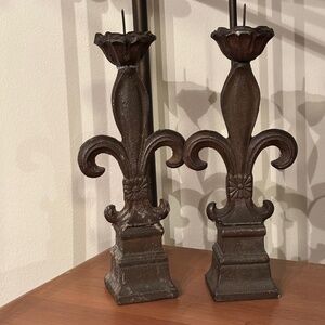 Vintage Cast Iron Fleur de Lis Candlestick Holders